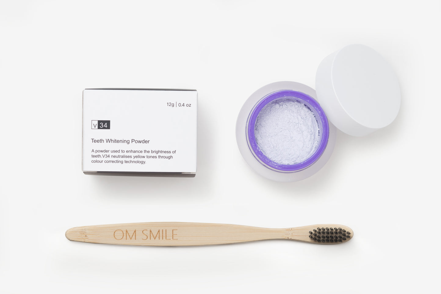 OM Smile - V34 Whitening Powder + GRATIS Bamboo Toothbrush erbij 100% biologisch