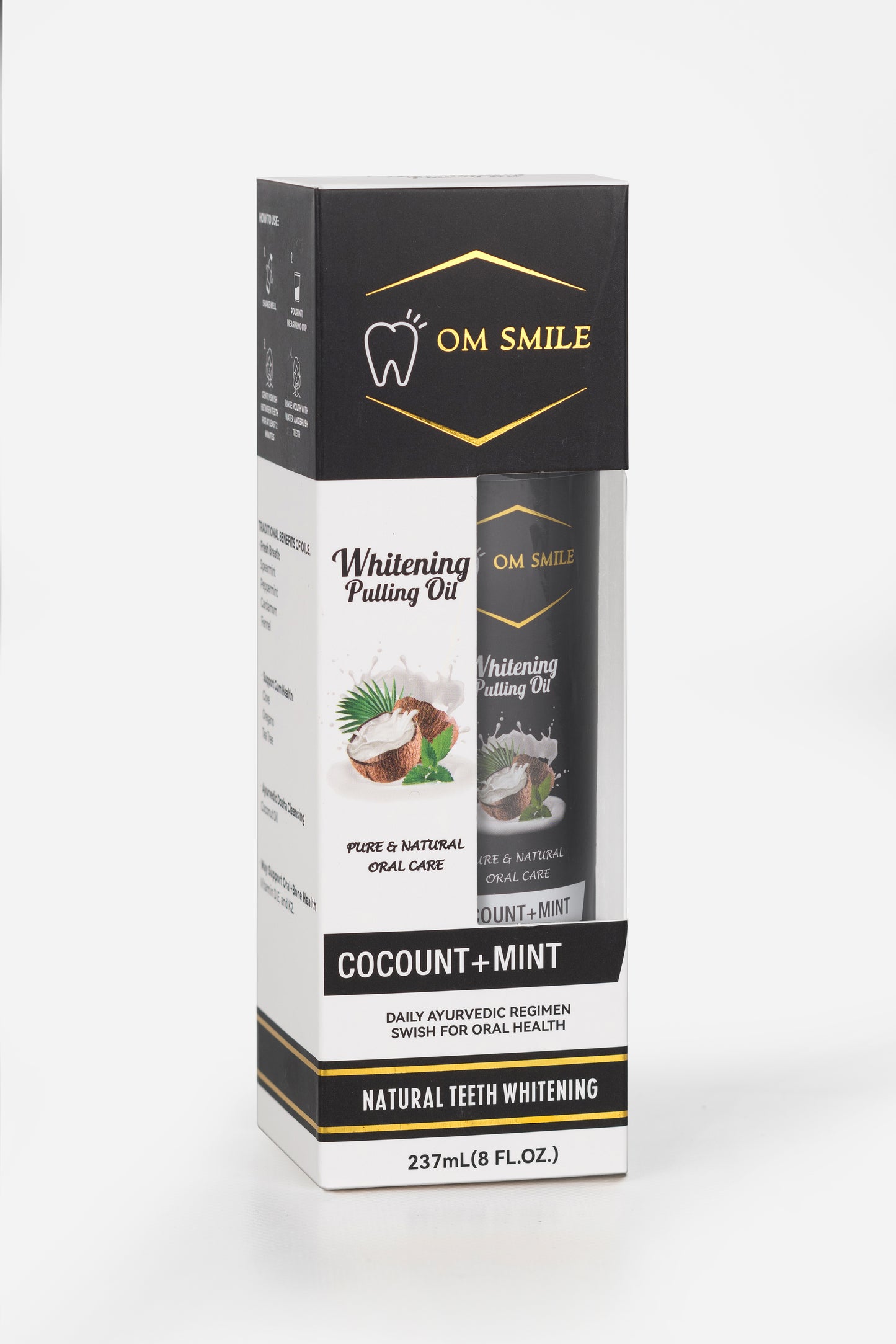 OM Smile - e Whitening Pulling Oil / essentials oils & vitamins D3, E & K2, 8 OZ - 1 pk + GRATIS Tong Schraaper erbij!